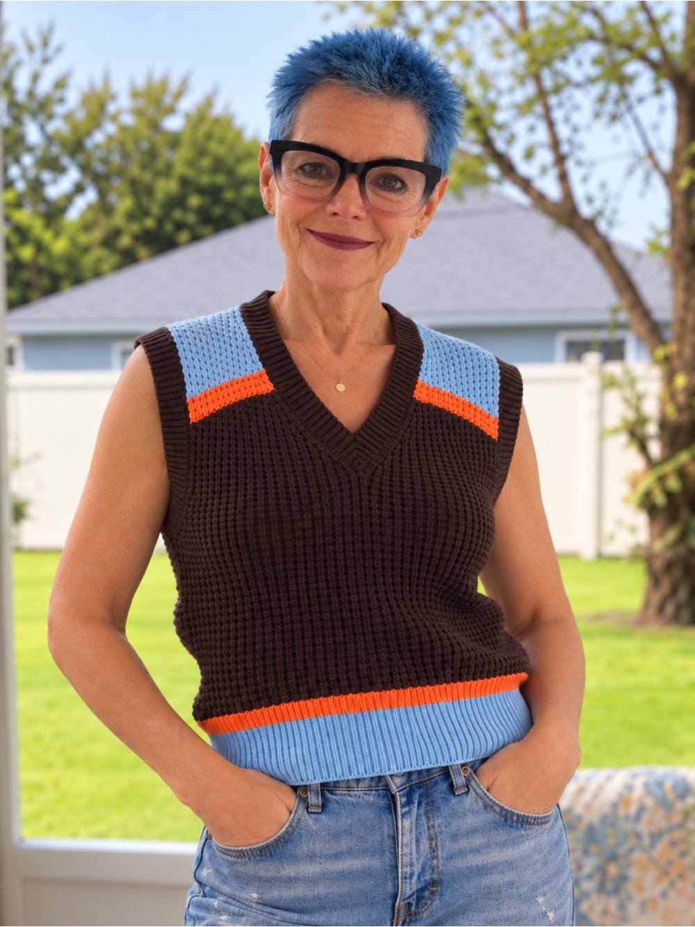 Marni Uniqlo V-Neck Knit Vest Colorblock Brown Blue Orange Size S